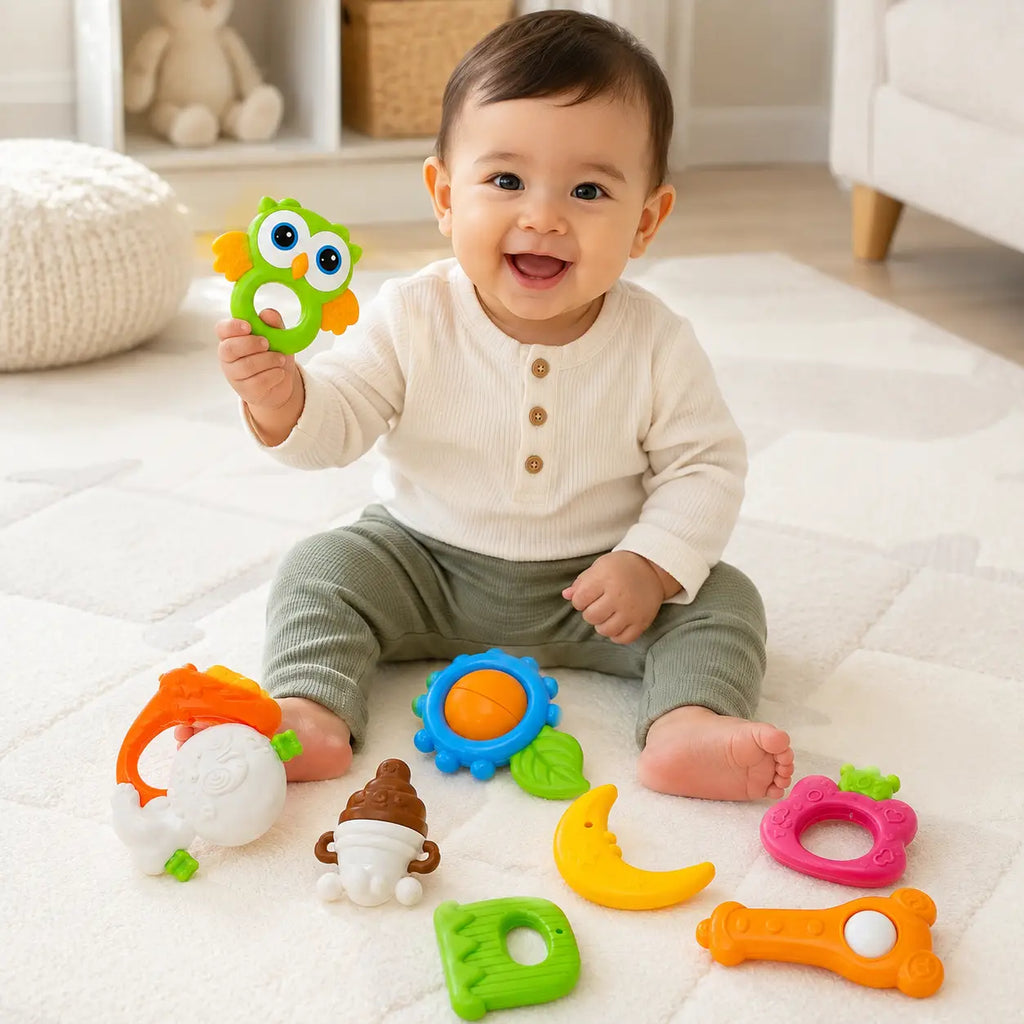 Happy child playing with colorful Cute Hand Rattle Toy Set and sensory toys