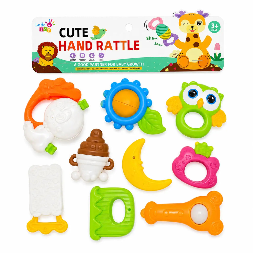 Cute Hand Rattle Baby Toy Set open view showing colorful assorted rattle pieces