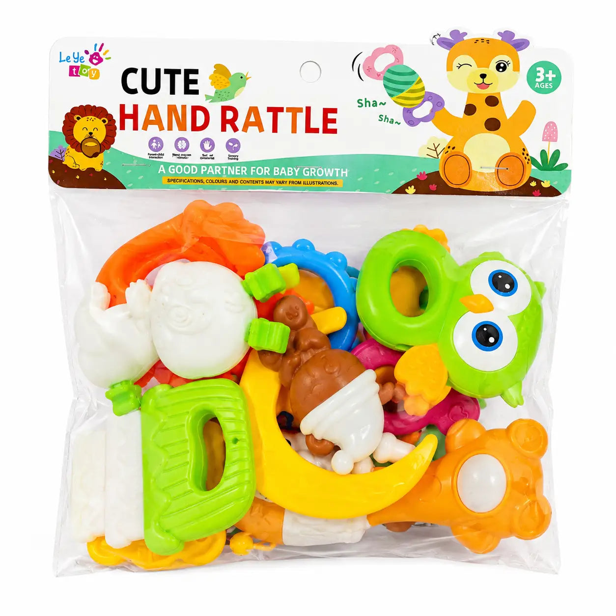 Cute Hand Rattle Baby Toy Set in retail packaging with colorful assorted rattles for kids 3+ years