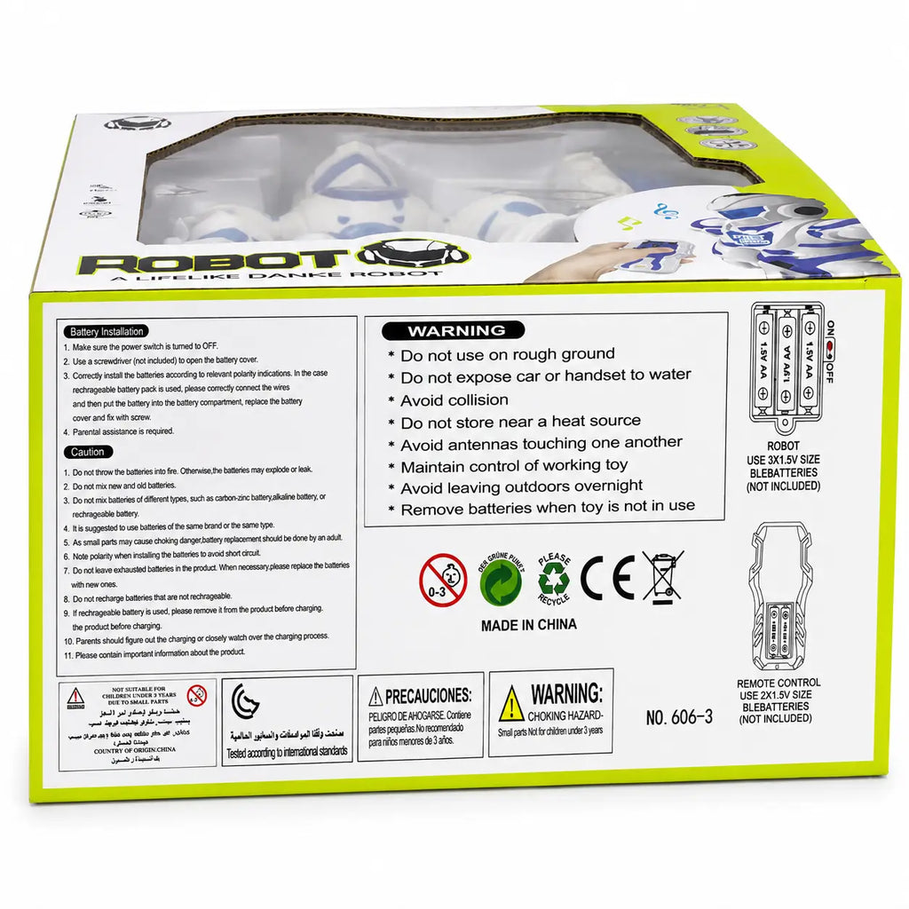 Back of remote control dancing robot toy box showing battery and safety information