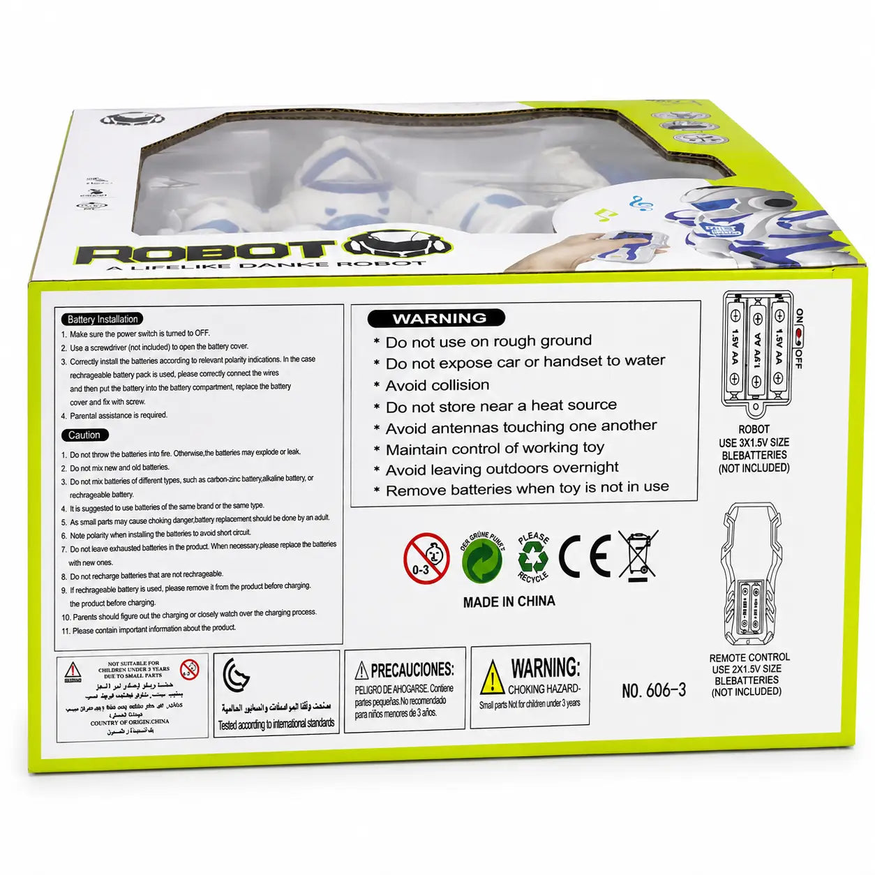 Back of remote control dancing robot toy box showing battery and safety information
