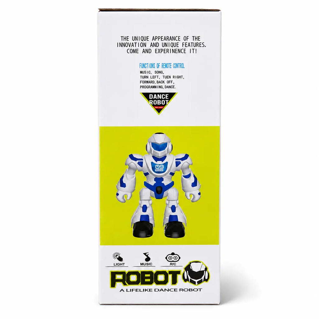 Side view of dancing robot toy packaging showing remote-control functions