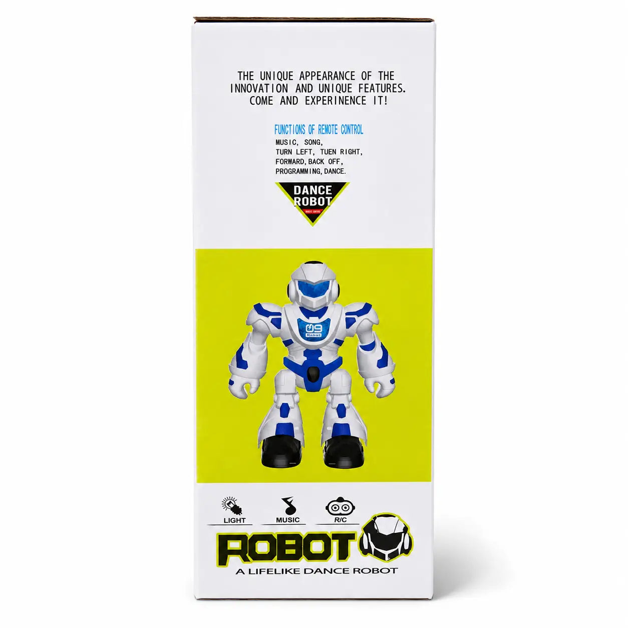 Side view of dancing robot toy packaging showing remote-control functions