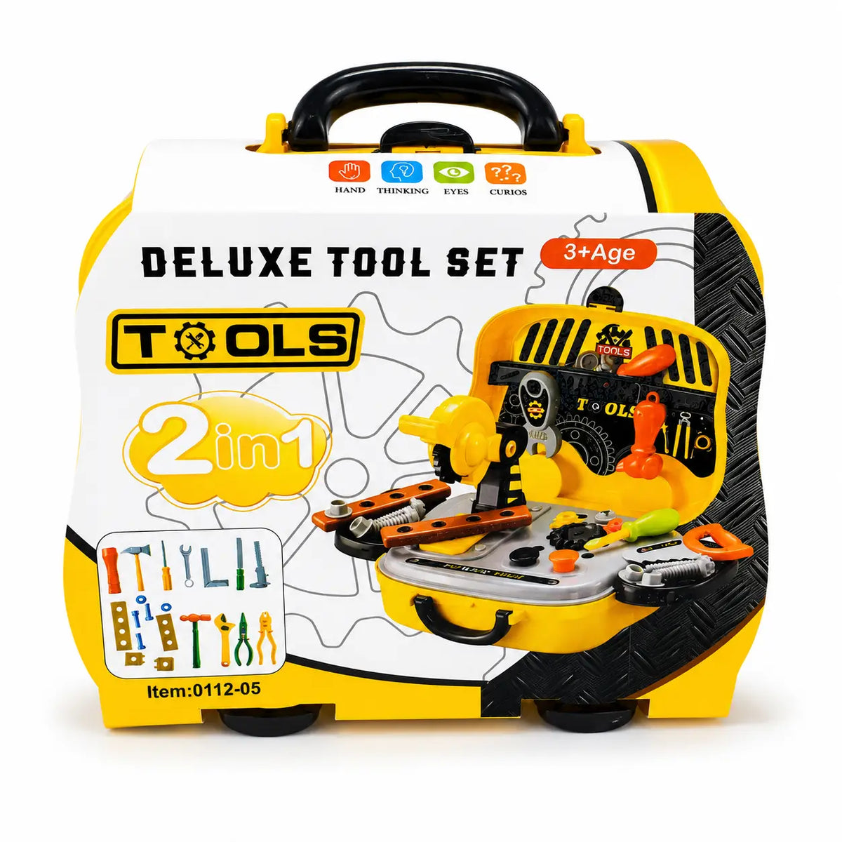 Deluxe 2 in 1 kids tool set portable yellow carry case with pretend workshop accessories