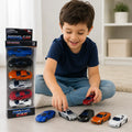 Child playing with 6 piece die-cast model car set in assorted colours