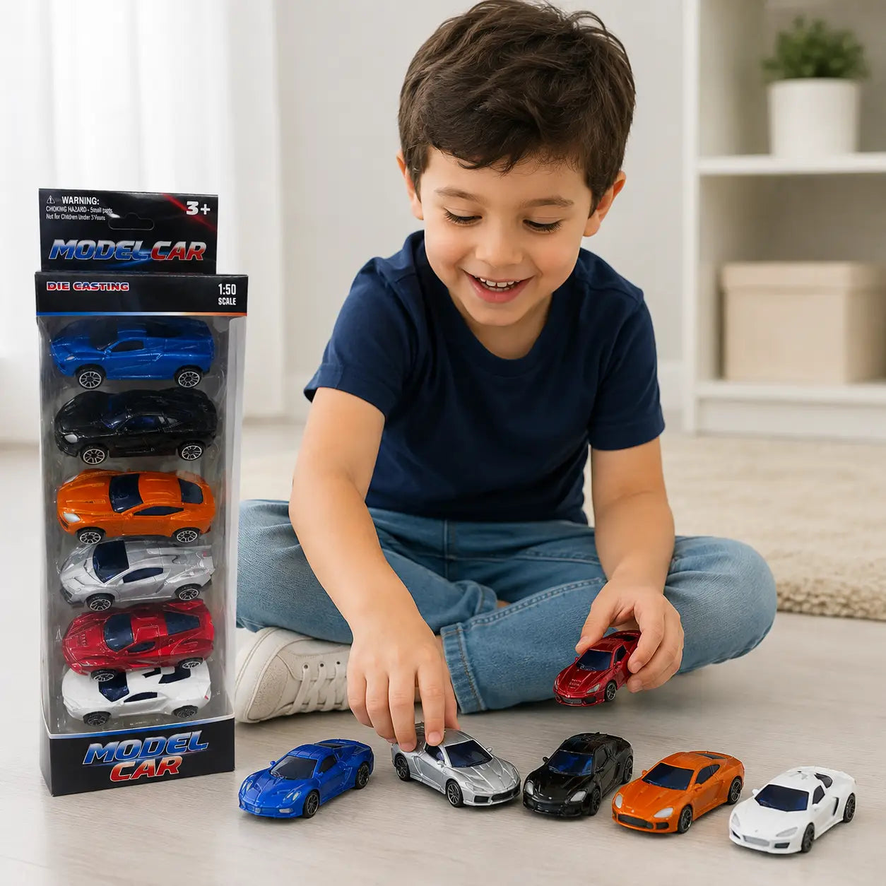 Child playing with 6 piece die-cast model car set in assorted colours
