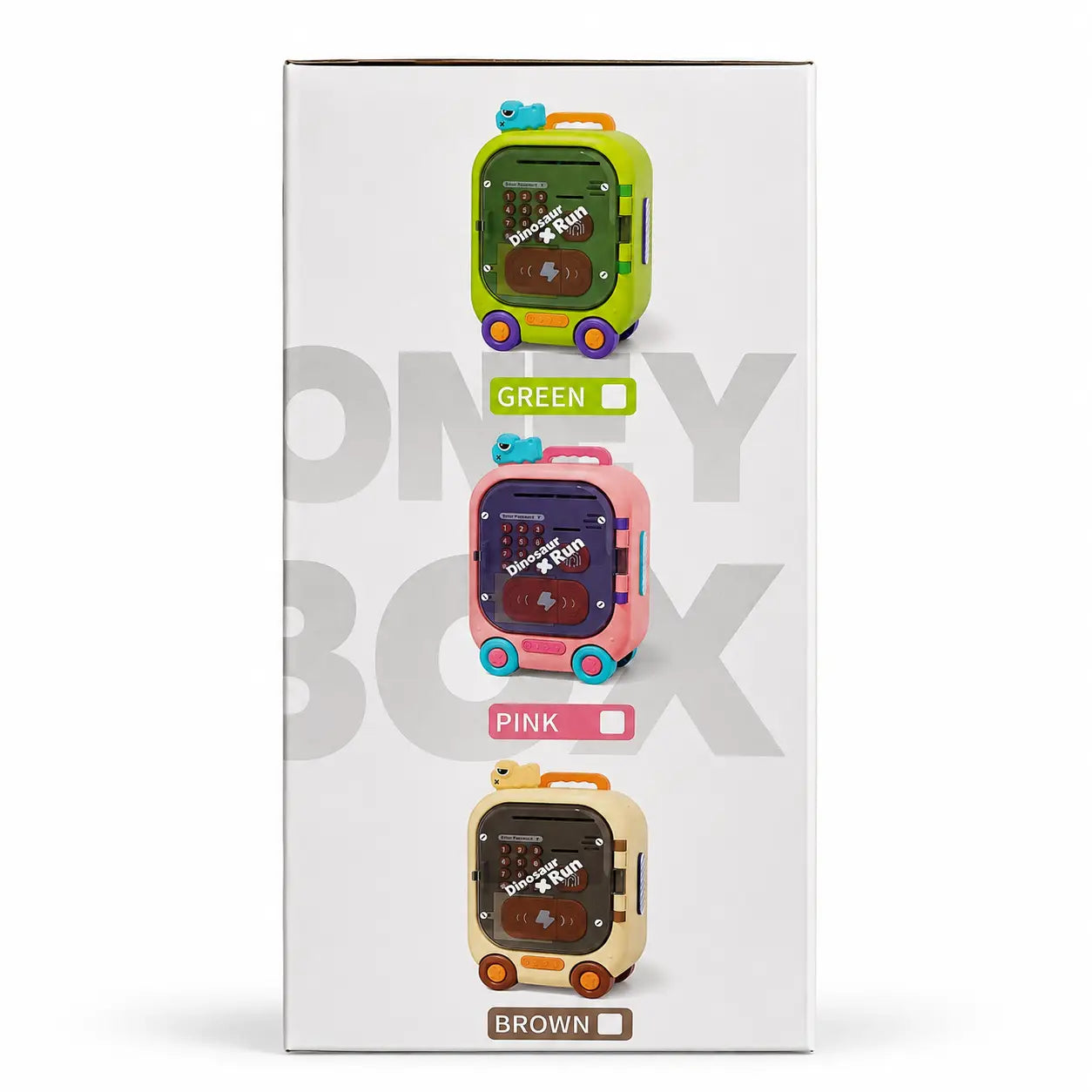 Dinosaur suitcase money saving box available in green pink and brown colours