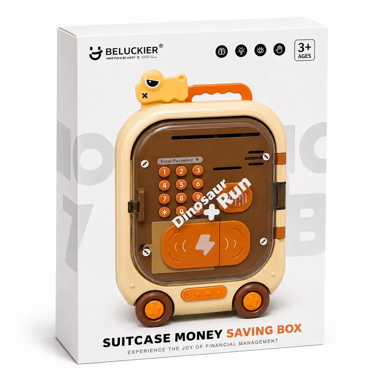 Dinosaur password money saving box for children displayed with retail packaging