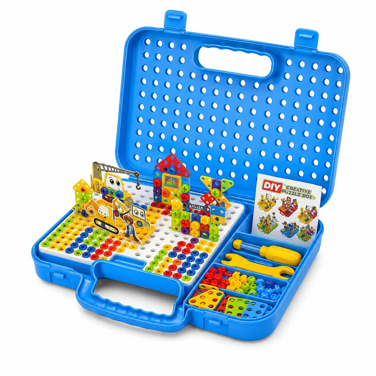 Open blue DIY Creative Puzzle Box showing pegboard tools colourful screws and construction pieces