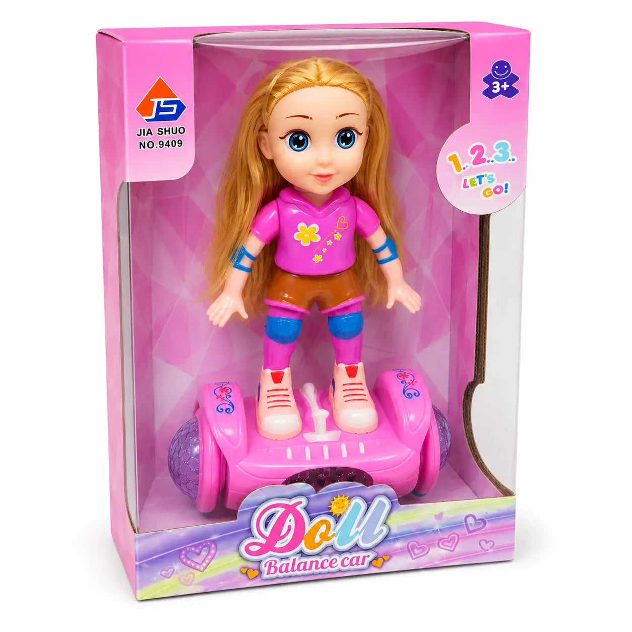 Doll balance car toy in pink retail box shown from angled front view