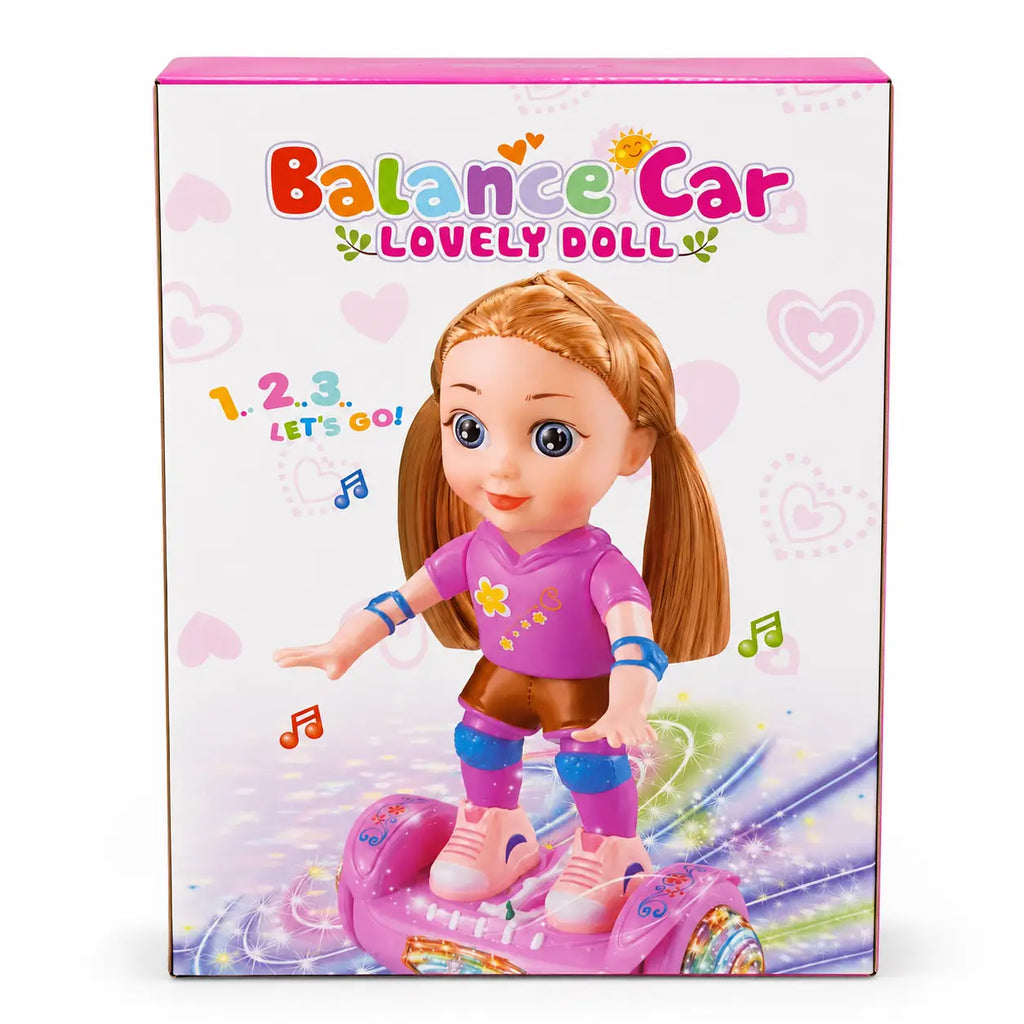 Back packaging of pink Doll Balance Car Lovely Doll toy with colourful design