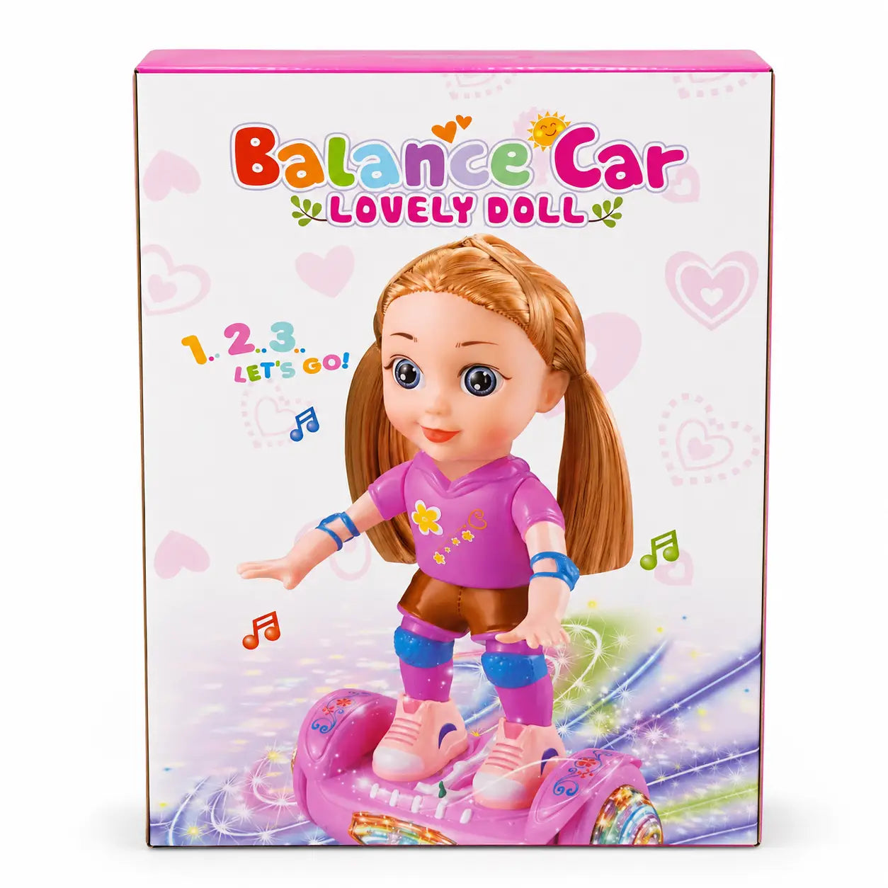 Back packaging of pink Doll Balance Car Lovely Doll toy with colourful design