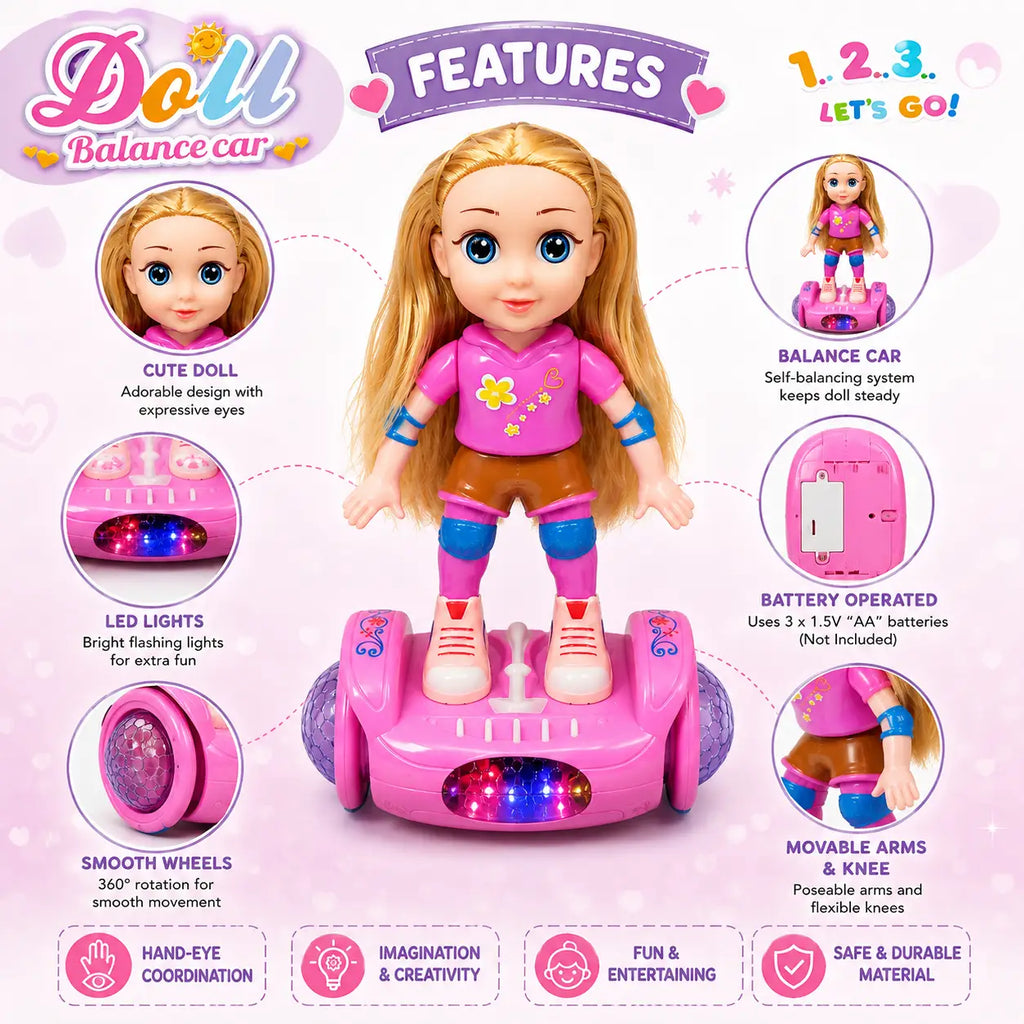Pink doll balance car toy features showing lights battery operation wheels and movable doll
