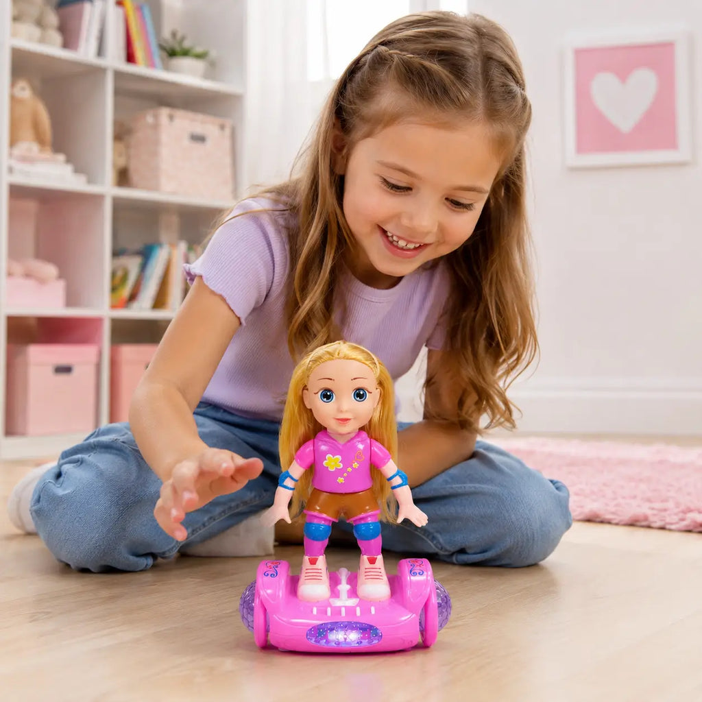 Girl playing with pink battery operated doll balance car toy with lights for kids