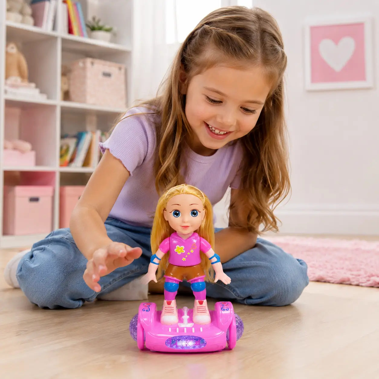Girl playing with pink battery operated doll balance car toy with lights for kids