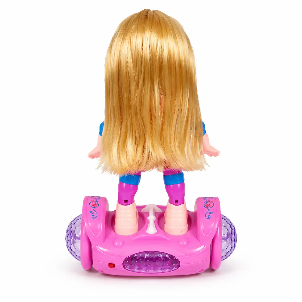 Back packaging of pink Doll Balance Car Lovely Doll toy with colourful design