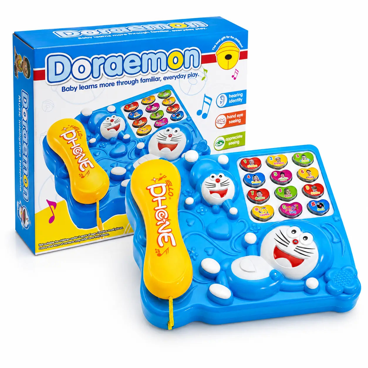 Doraemon musical telephone toy displayed with its blue retail packaging box for kids