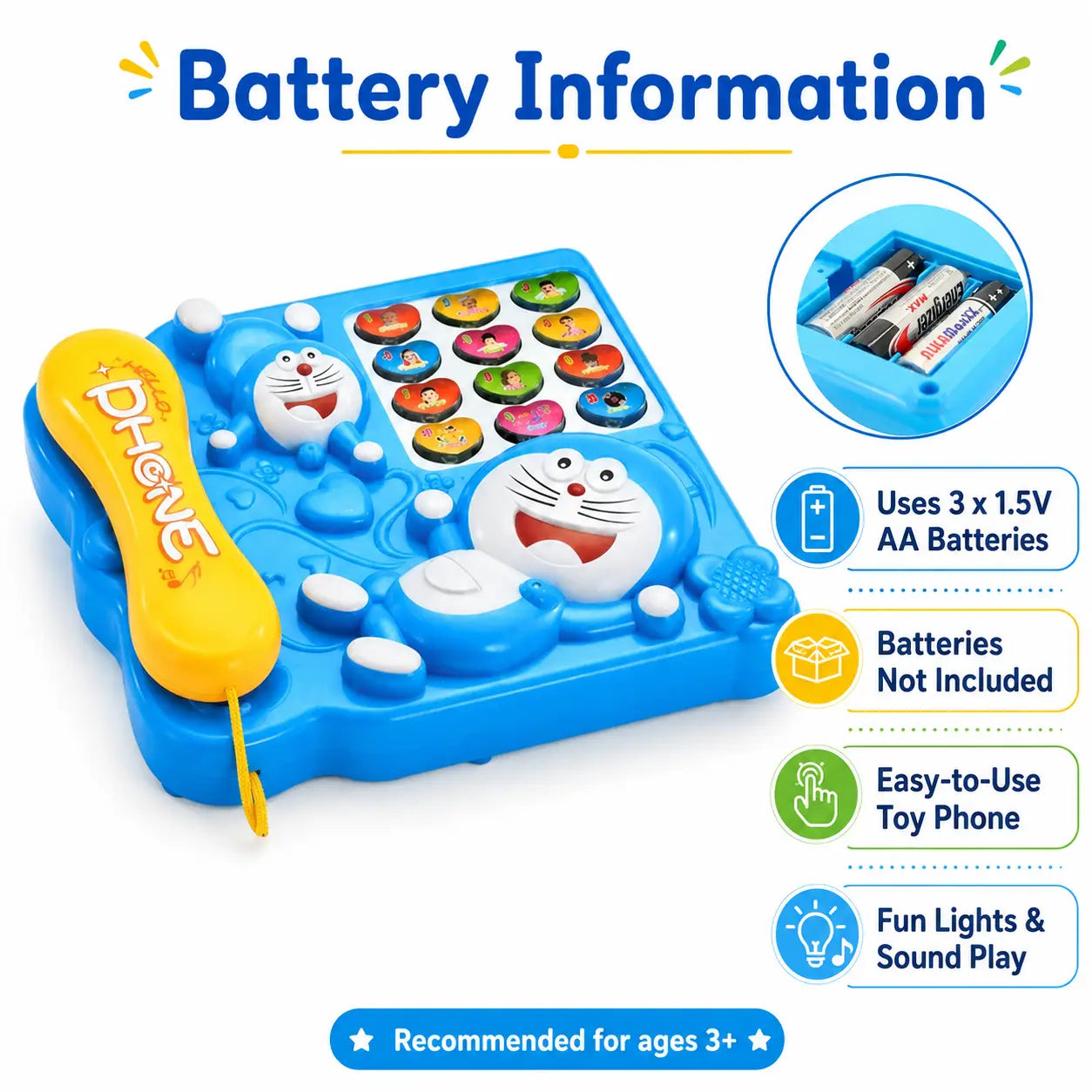 Battery information for Doraemon musical toy phone showing three AA batteries required and not included