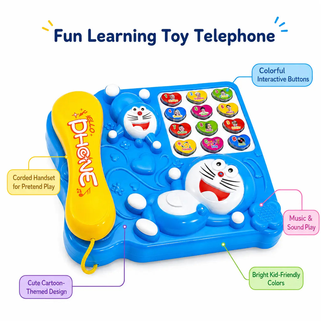 Doraemon toy telephone feature infographic highlighting interactive buttons, corded handset and music play