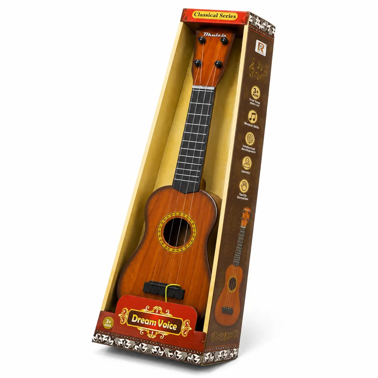 Dream Voice Classical Series kids guitar toy in retail box angled view