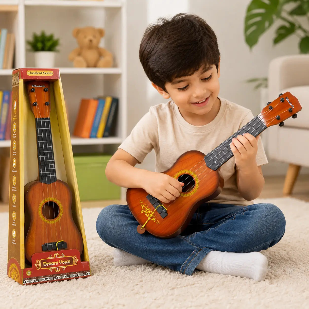 Child playing with Dream Voice brown classical guitar musical toy