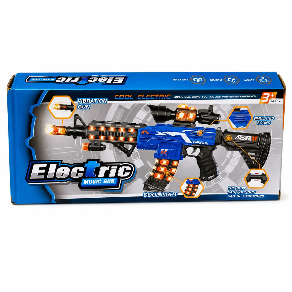 Electric music gun toy blue packaging showing light, music and simulated sound features