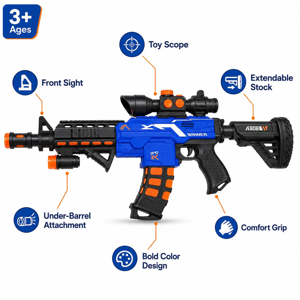 Electric music gun toy features including scope, extendable stock, front sight and comfort grip