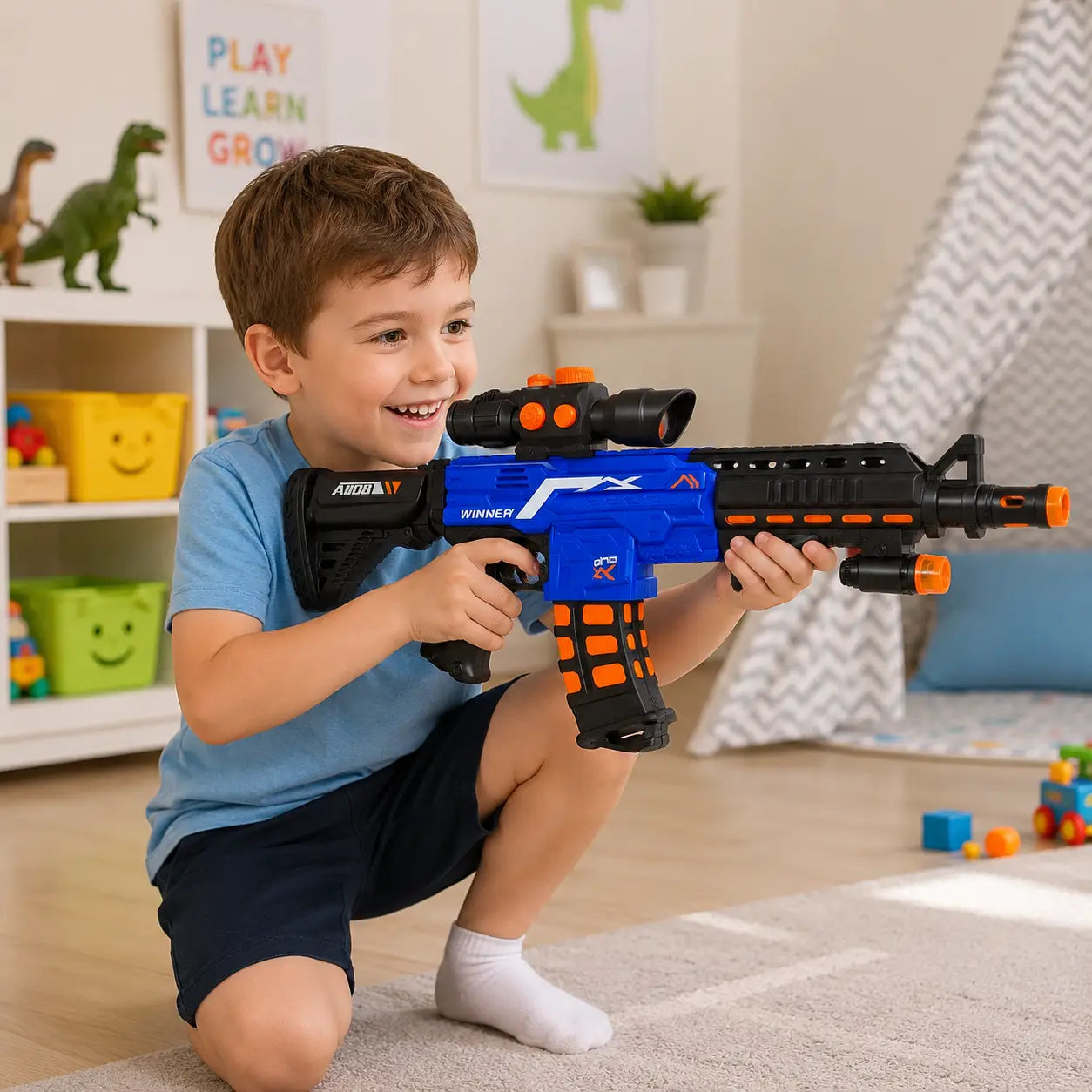 Child playing with blue electric music gun toy with scope, light and sound design