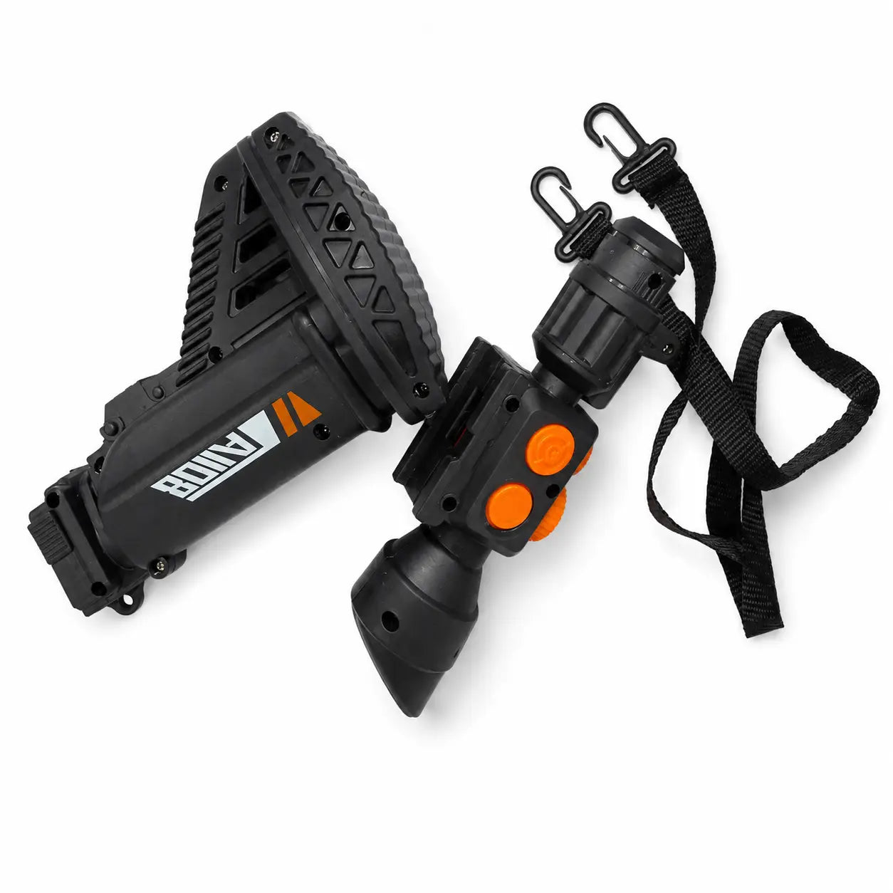 Electric music gun toy stock and black carrying strap accessories on white background