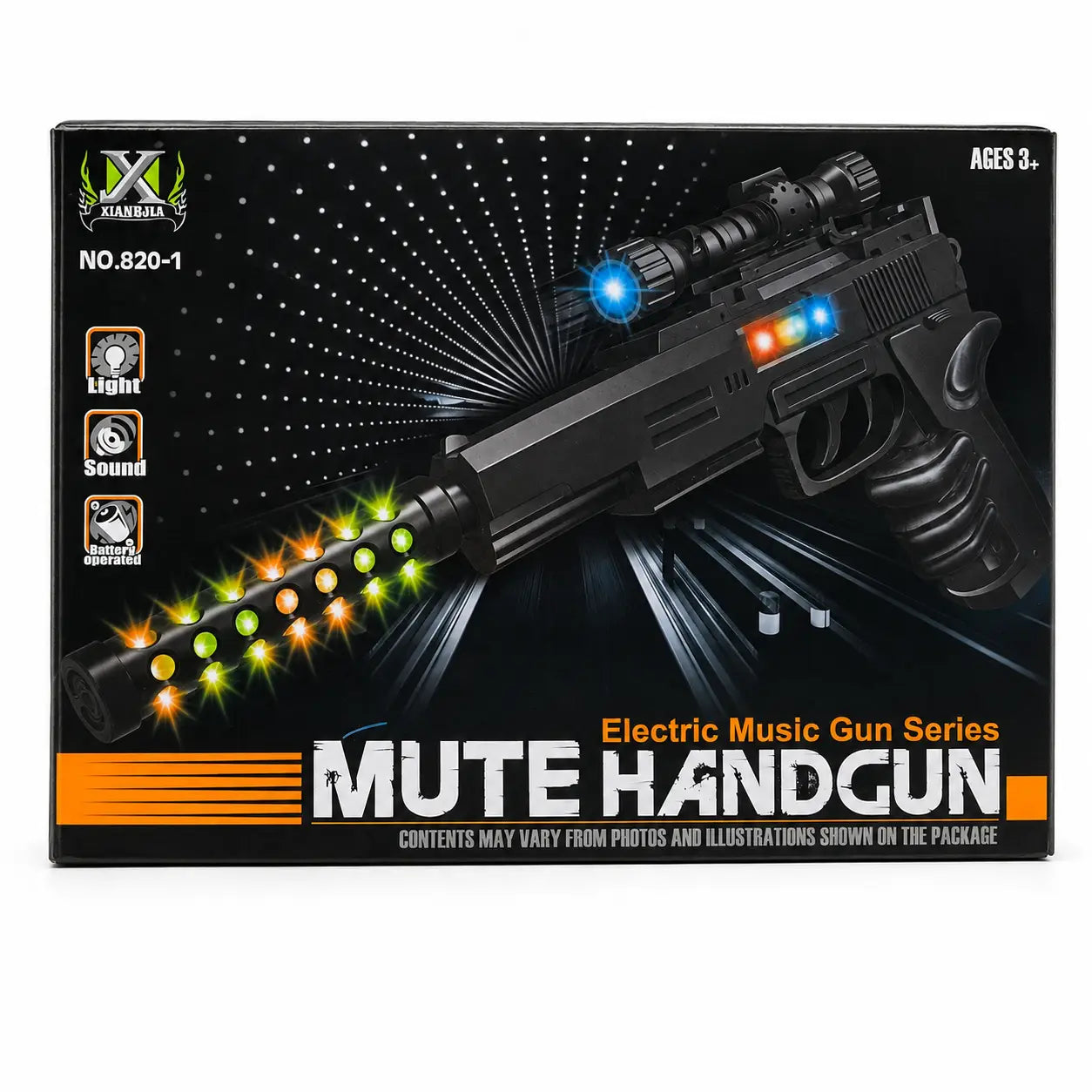 X-Stream Mute Handgun toy set in its retail packaging, featuring a black box with an illustration of the toy gun and colorful light effects.