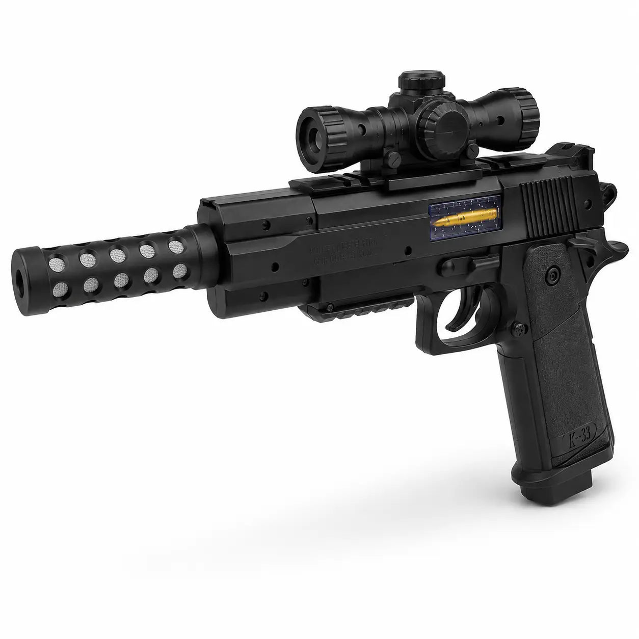 A black replica semi-automatic pistol with an attached scope and a perforated front barrel shroud, shown on a clean white background.