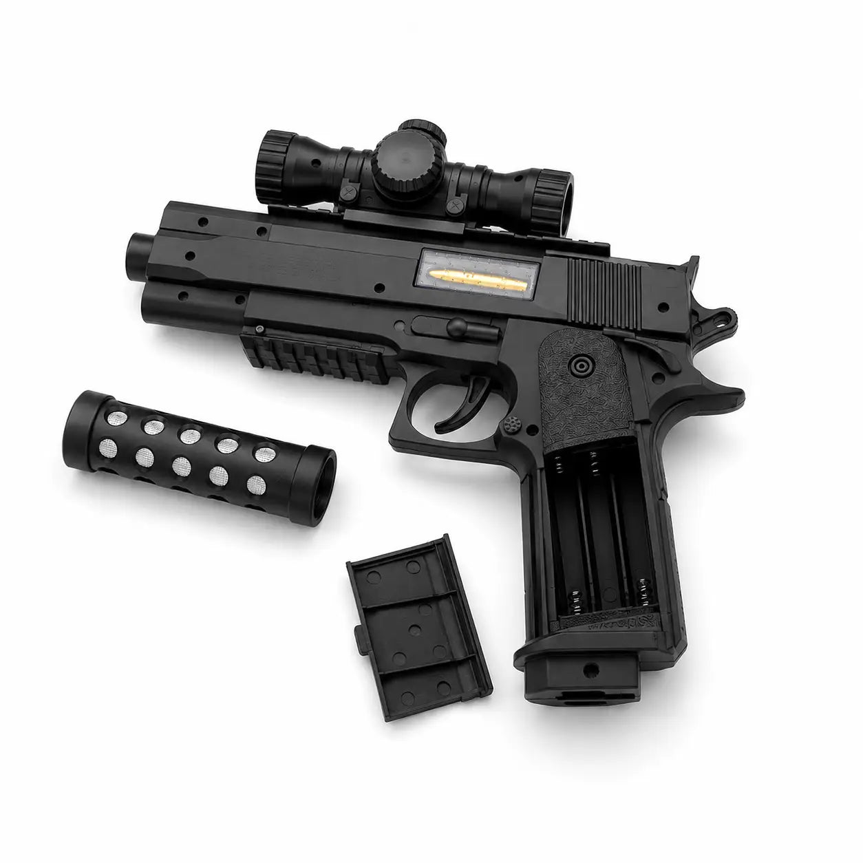 A black toy or replica semi-automatic pistol shown on a white background with its scope attached, a cylindrical barrel shroud accessory, and a small rectangular accessory piece placed below it.