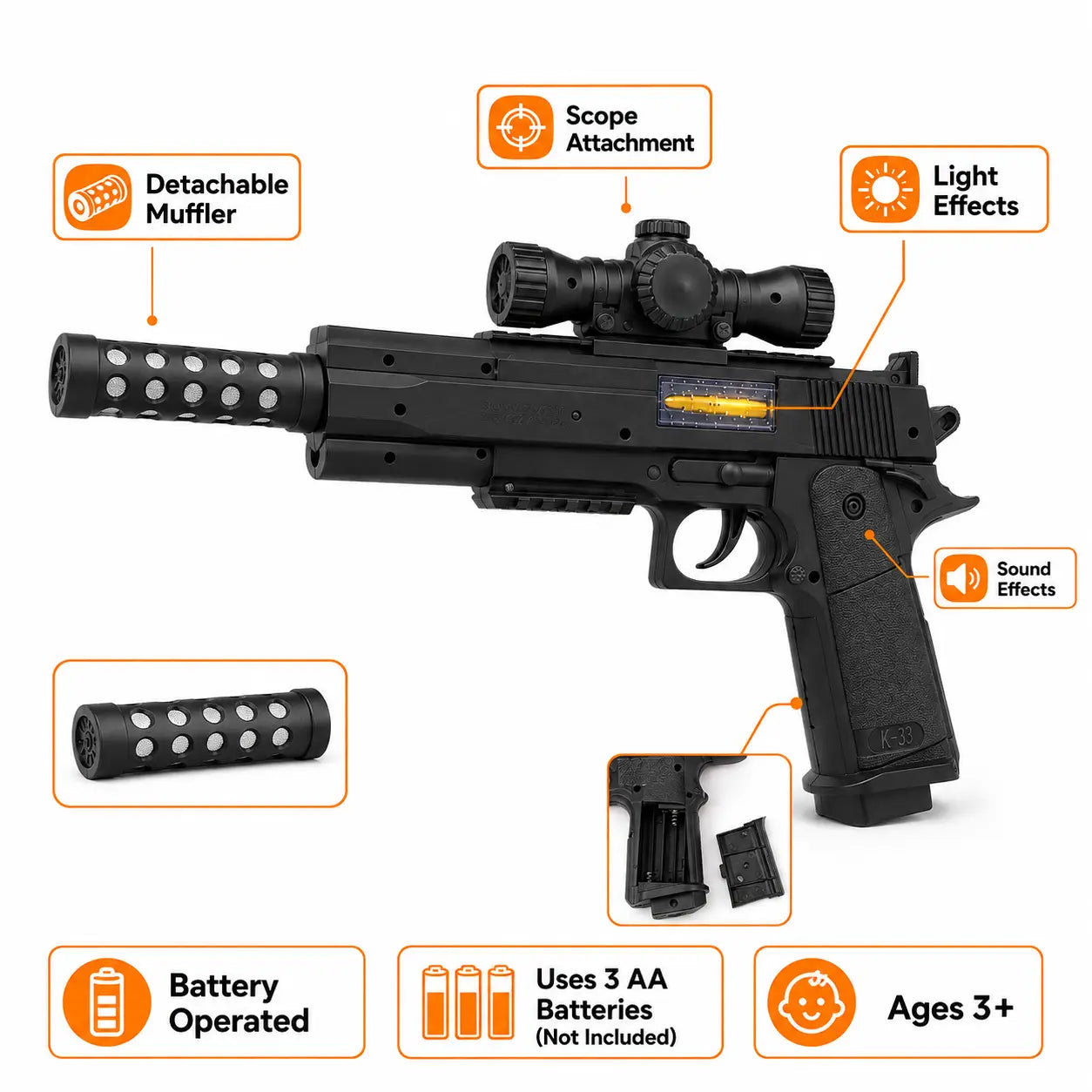 Black toy pistol with feature callout labels including detachable muffler, scope attachment, light effects, sound effects, battery operated, uses 3 AA batteries not included, and ages 3+, on a white background.