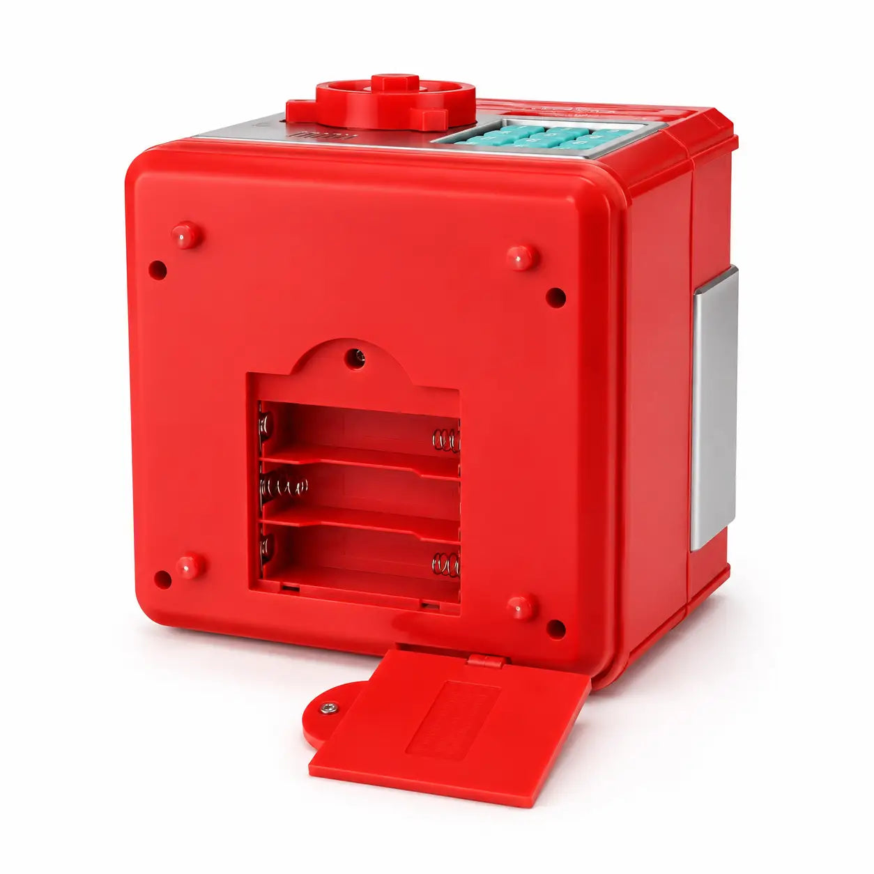 Rear view of the electronic Number Bank showing the open compartment for three AA batteries