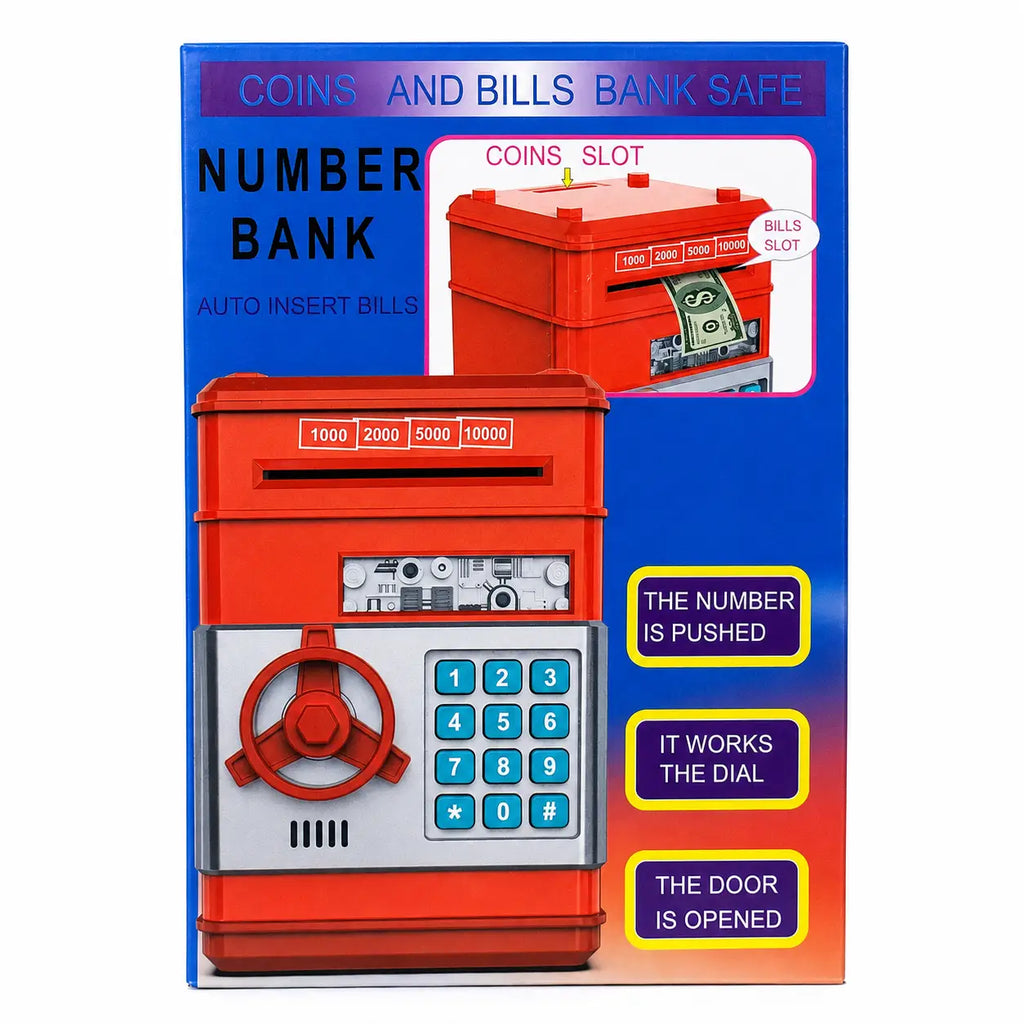 Packaging of the red electronic coin and currency note Number Bank for children