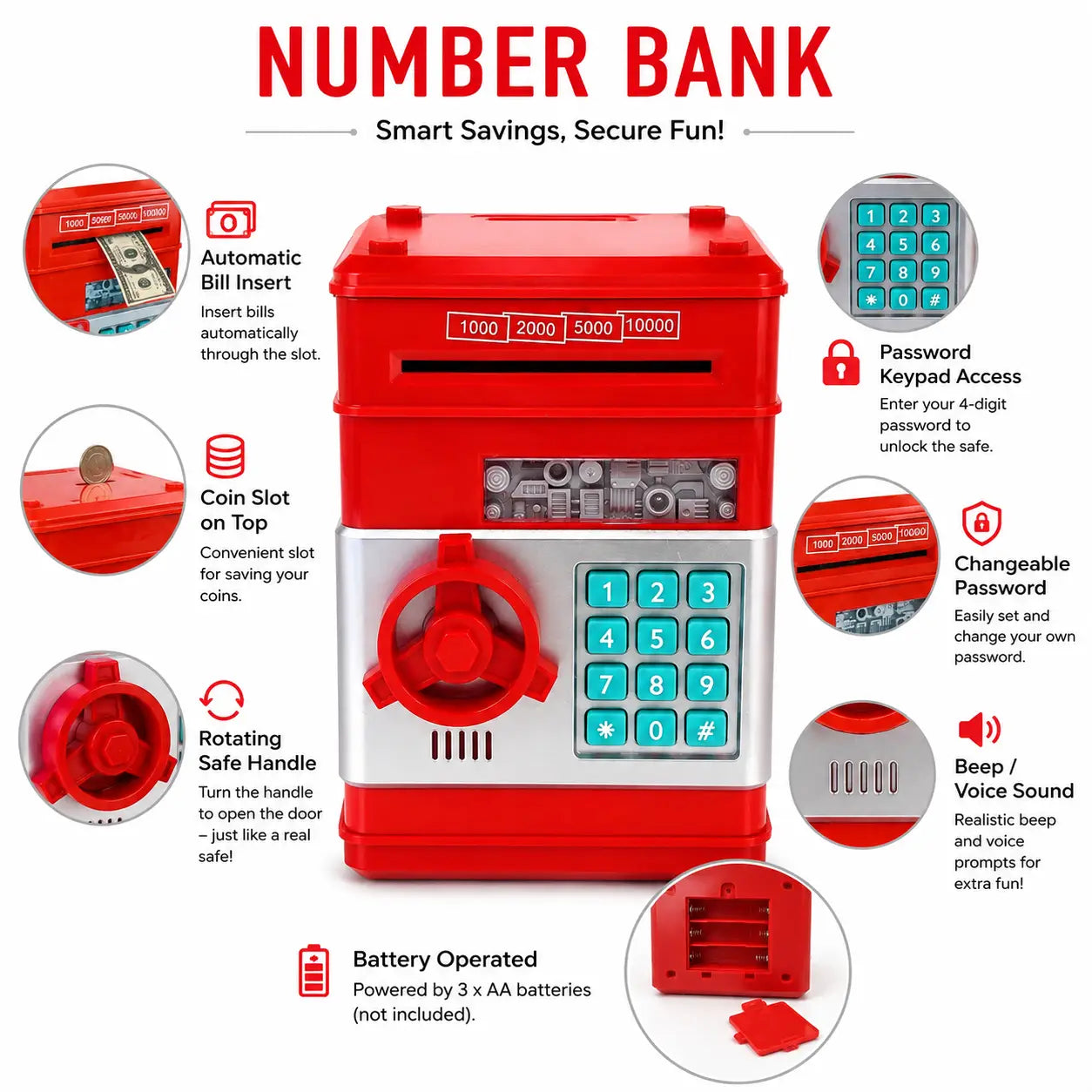 Electronic password Number Bank for kids showing automatic note intake, coin slot, keypad, rotating handle and battery features