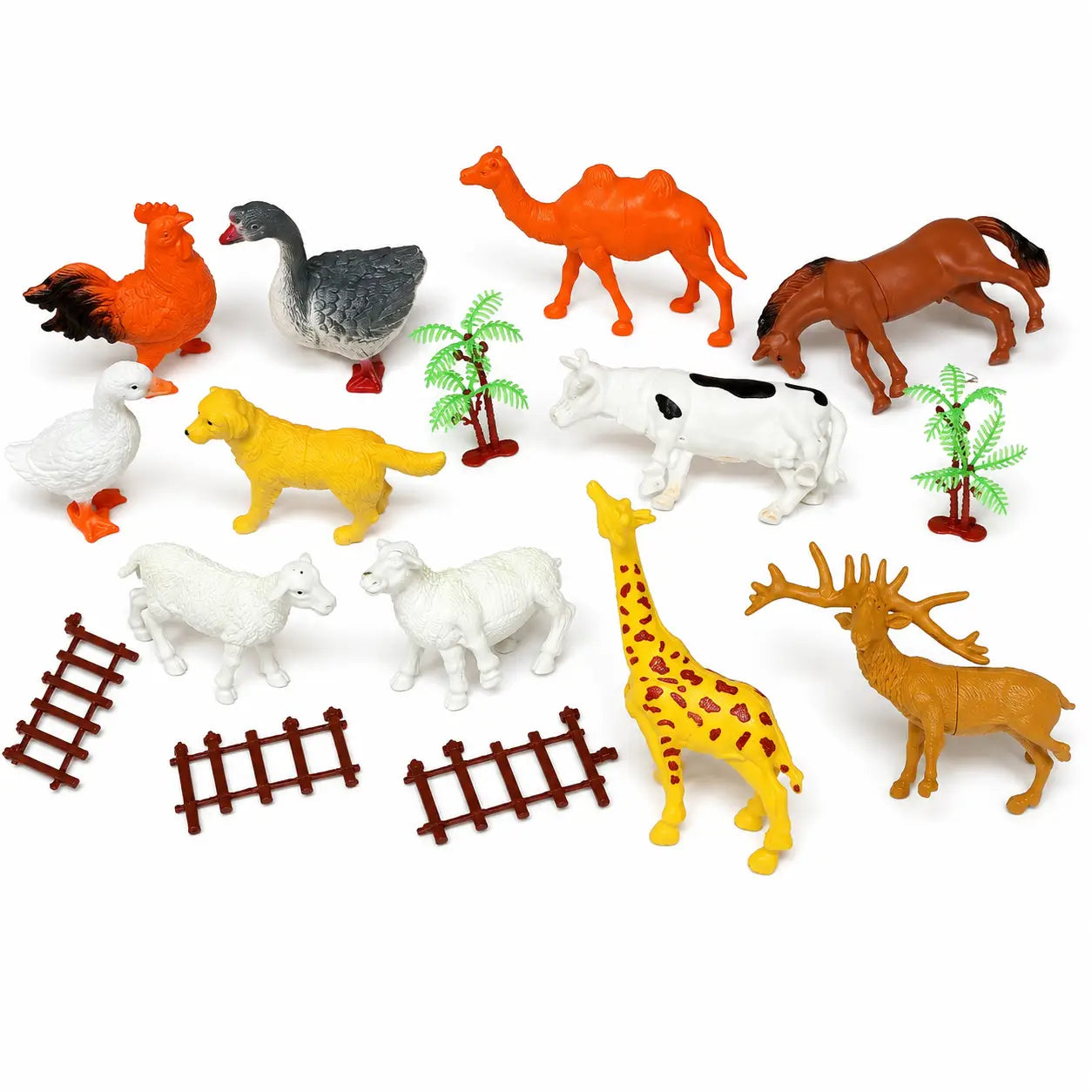 Assorted farm animal toy figures with giraffe horse cow birds fences and miniature trees