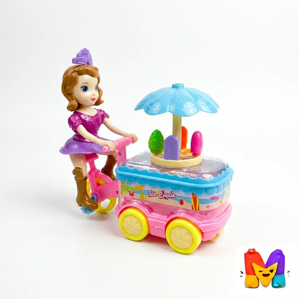A toy doll with brown hair wearing a purple dress and boots, riding a pink bicycle attached to a colorful toy ice cream cart with a blue umbrella on a white background.