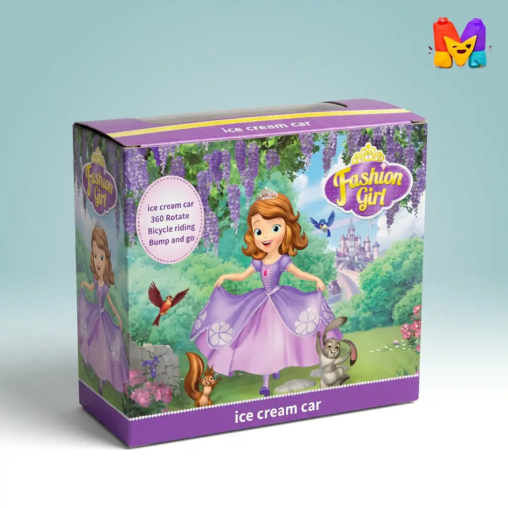 A boxed children's toy product labeled 'Fashion Girl' and 'ice cream car' with illustrated Princess Sofia on the front, shown against a light blue gradient background.