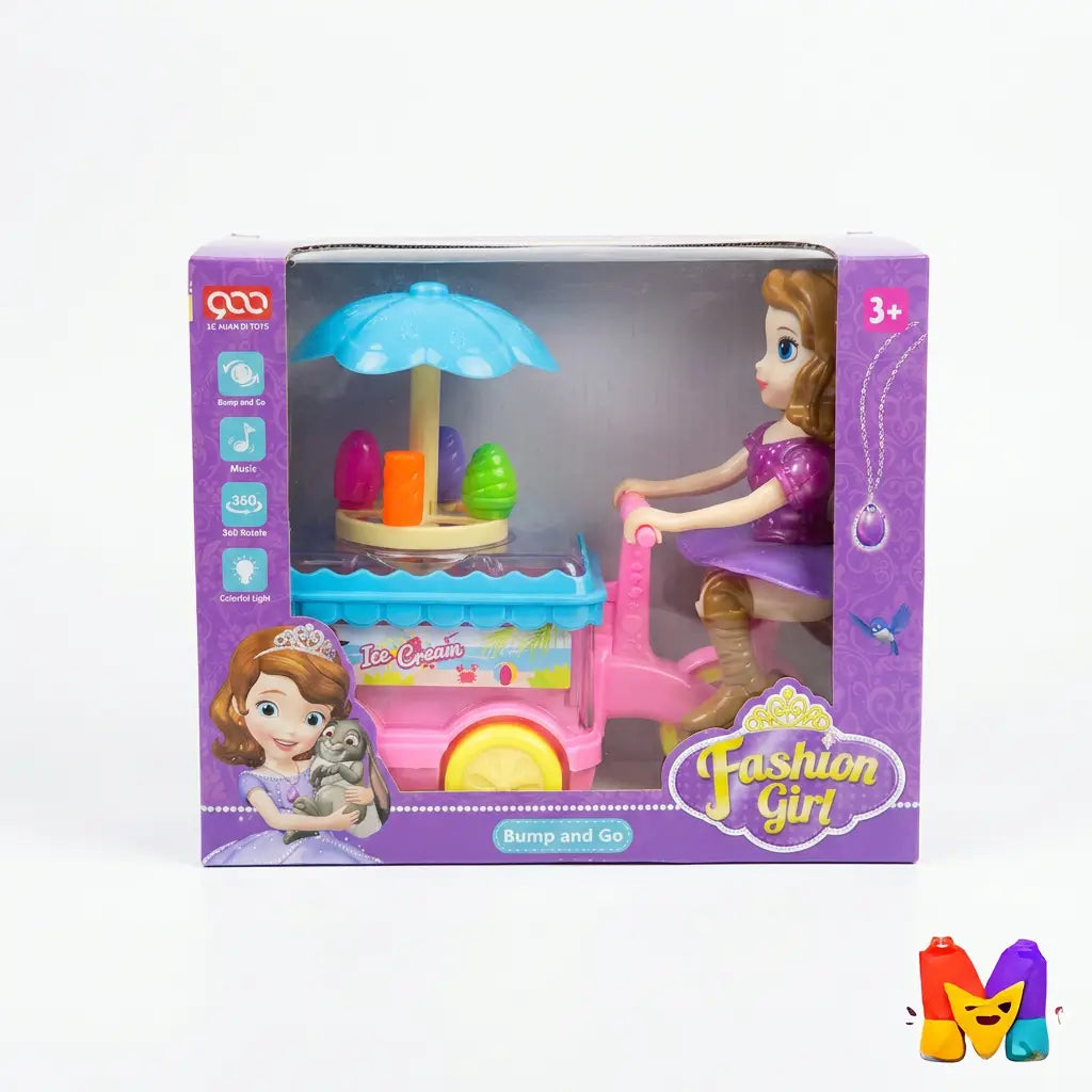 Sofia the Little Princess Fashion Girl toy set in its original purple window box packaging, featuring a pink bicycle cart with a blue umbrella and colorful ice cream cone accessories.