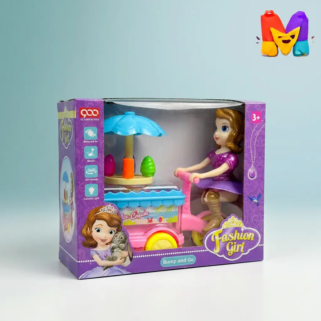 Fashion Girl toy set in its original purple window box packaging, featuring a doll with brown hair in a purple dress riding a pink bicycle next to a toy ice cream cart with a blue umbrella.