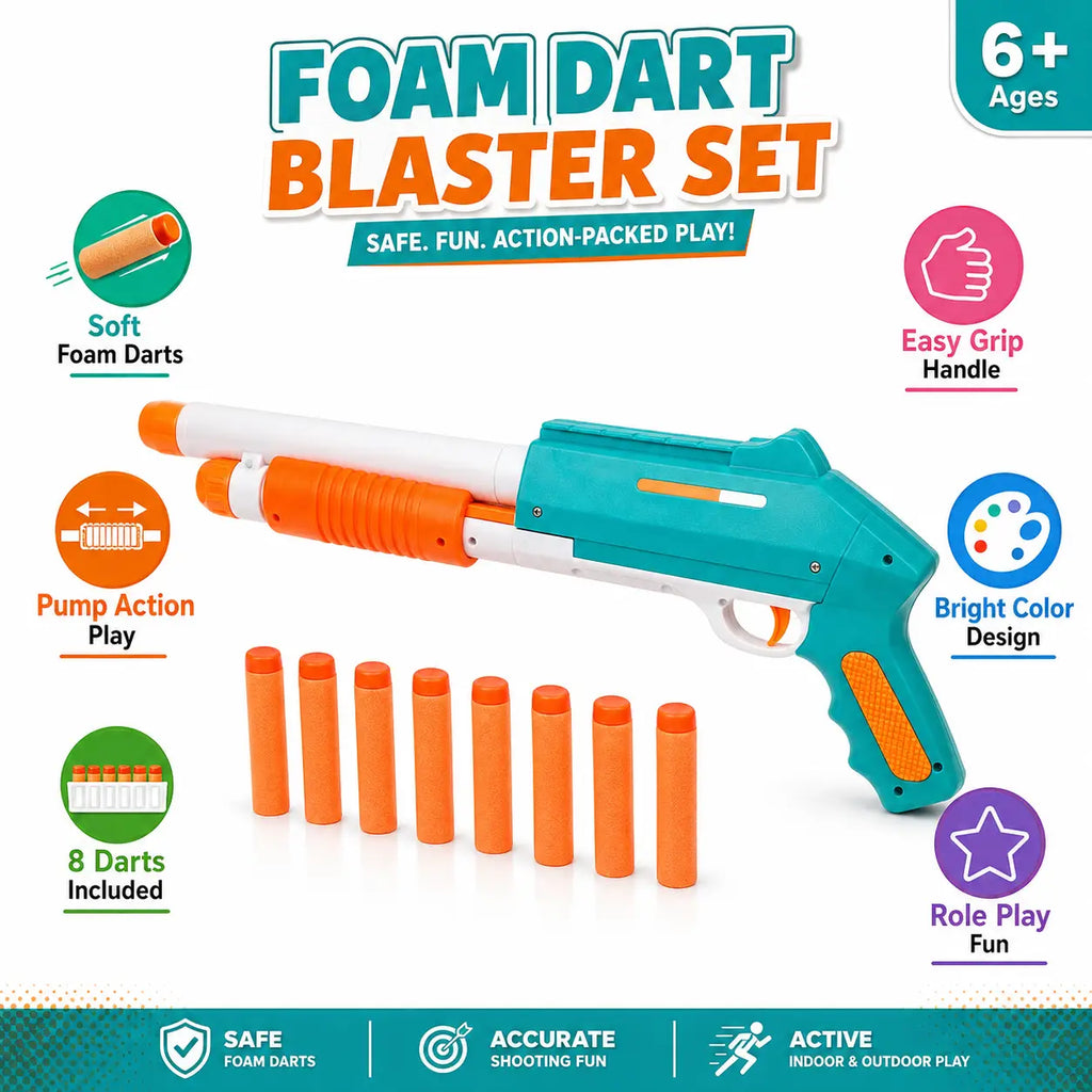 Kids foam dart blaster set showing pump action grip soft darts and play features for ages 6 plus