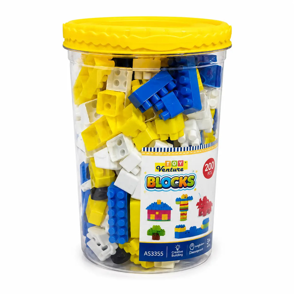 200 piece Fun Builder building blocks toy bucket with blue yellow and white pieces