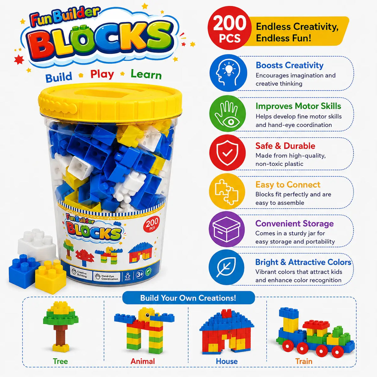 Fun Builder 200 PCS building blocks features with creative building examples for kids