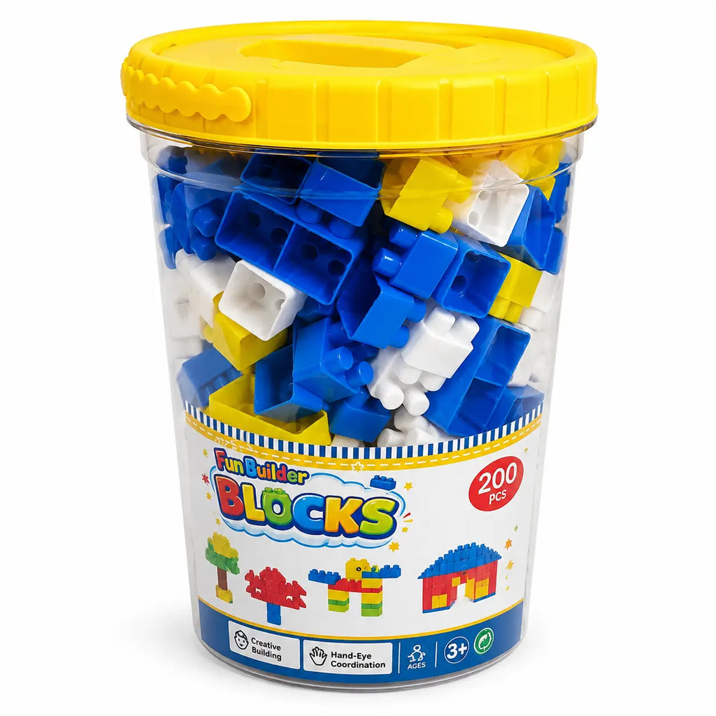 Fun Builder 200 PCS kids building blocks in yellow lid storage bucket front view