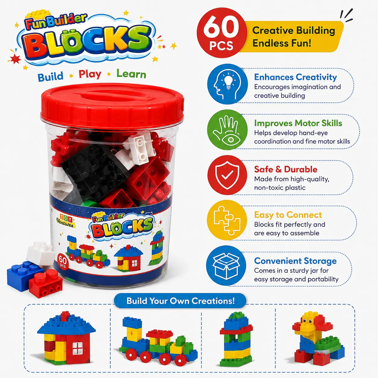 Fun Builder 60 PCS kids building blocks toy features and sample construction ideas