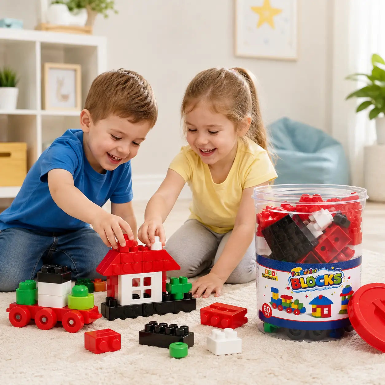 Two children playing with Fun Builder building blocks and creating toy structures indoors
