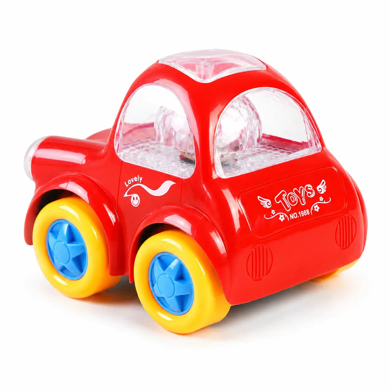 Rear side view of the red Funny Bump and Go Car showing its transparent light cabin and blue wheel covers