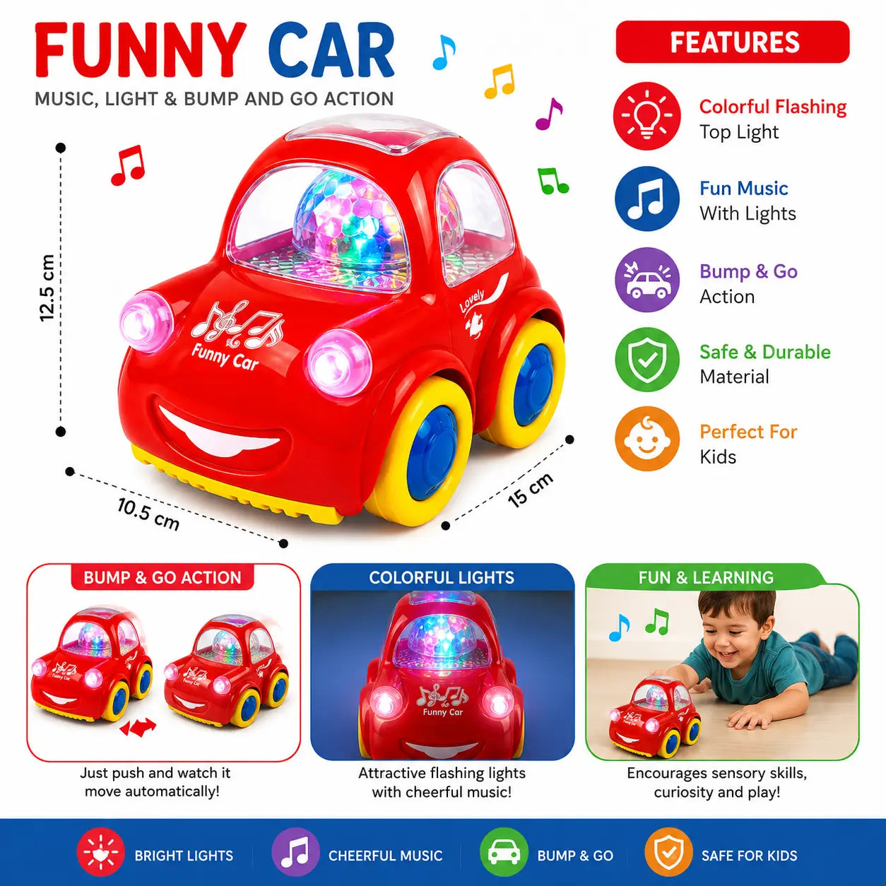 Funny Musical Car feature image highlighting flashing top light, music, Bump and Go action and three AA battery requirement
