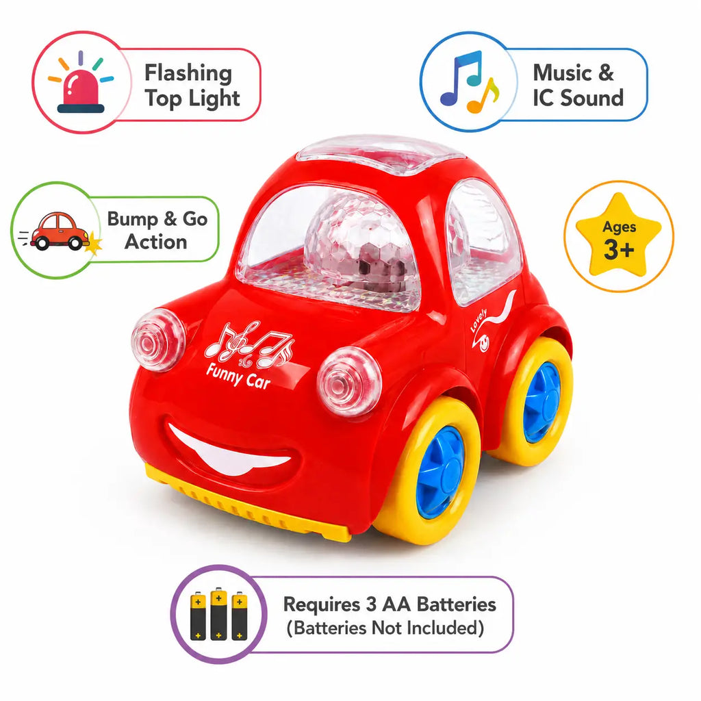 Funny Musical Bump and Go Car infographic highlighting colourful flashing lights, cheerful music and automatic movement